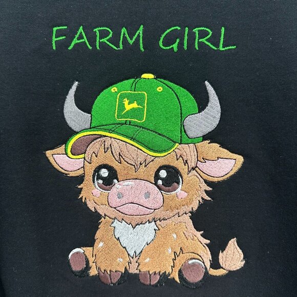 Highland Cow Sweatshirt John Deere Farm Girl Embroidered Adult Unisex Crewneck - Picture 1 of 5
